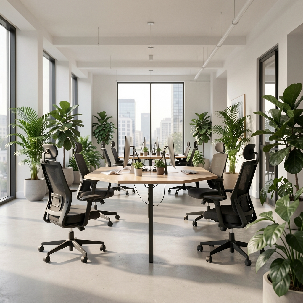 Modern açık alan ofis ortamı — ergonomik mobilyalar, yeşil bitkiler ve doğal aydınlatma