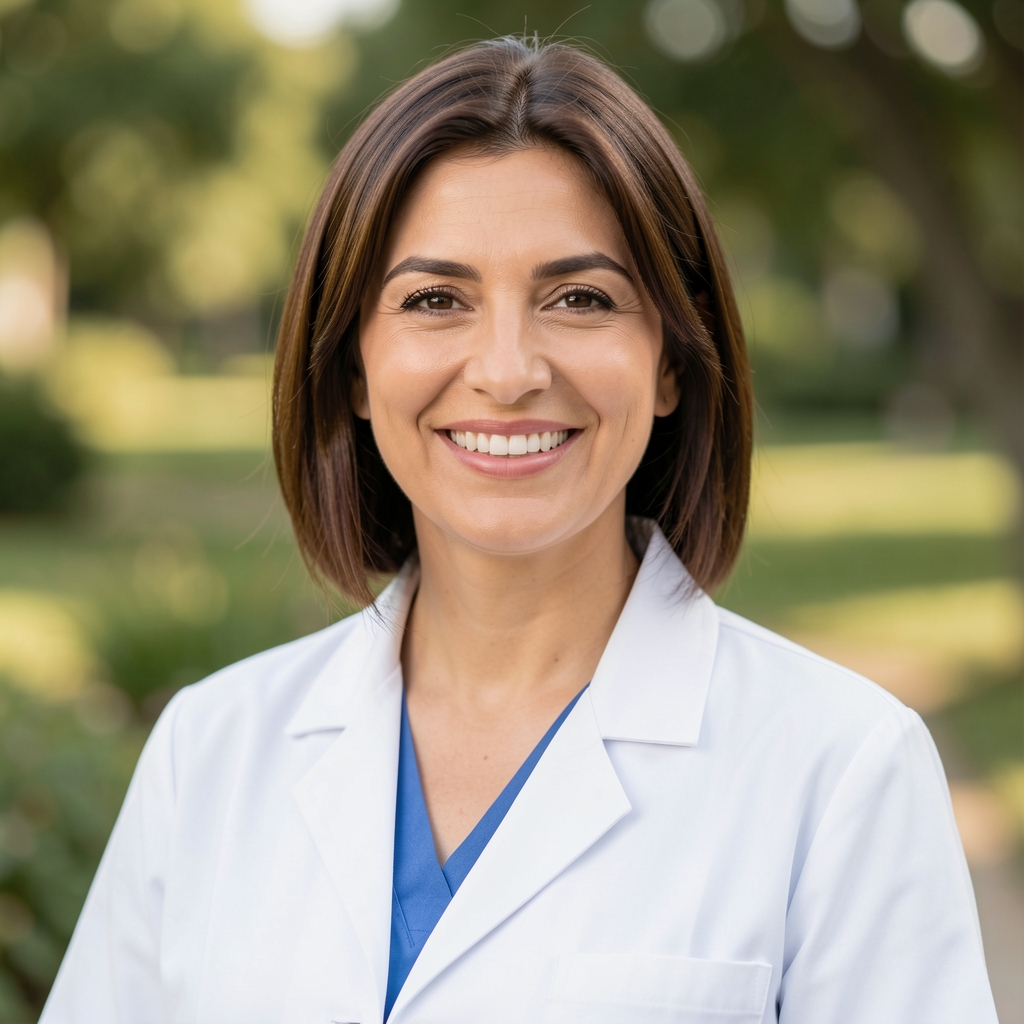 Dr. Elif Yılmaz fizyoterapist portre fotoğrafı, beyaz önlük ve gülümseyerek