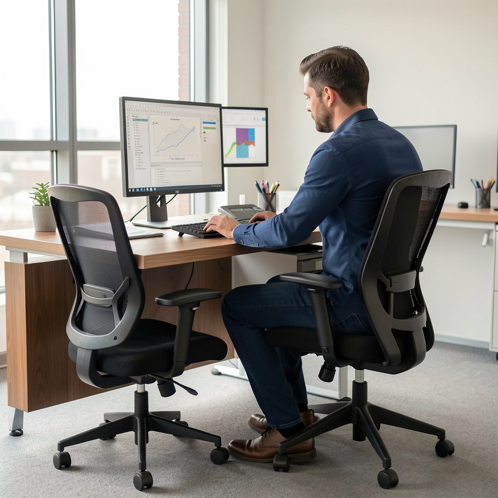 Ergonomik ofis kurulumu yapan kişi, sandalye yüksekliğini ayarlıyor, monitör göz hizasında