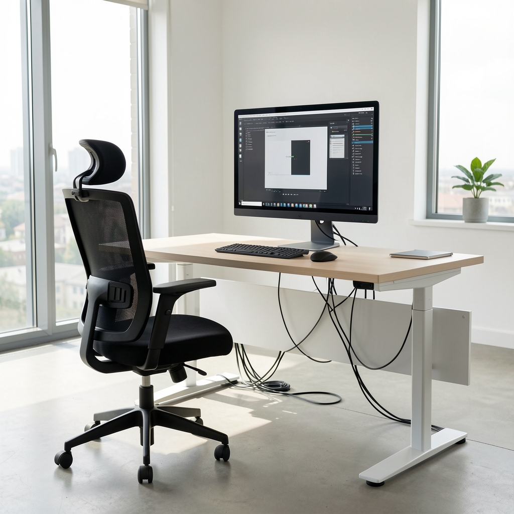 Aydınlık modern ofis ortamında ergonomik kurulum; ayarlanabilir masa, mesh sırtlı sandalye, göz hizasında monitör standı ve düzenli kablo yönetimi ile profesyonel çalışma alanı