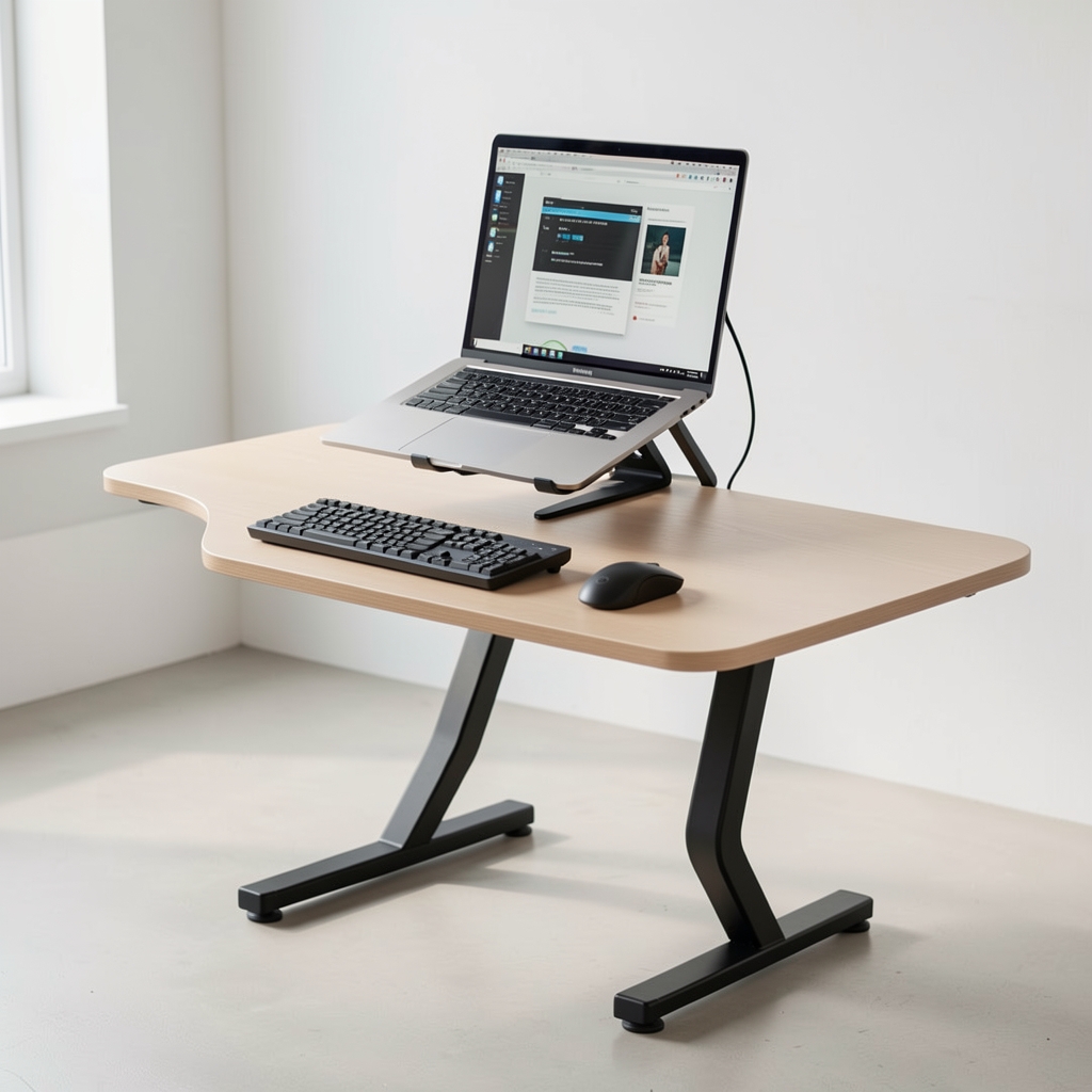 Yükseklik ayarlanabilir standing desk üzerinde dizüstü bilgisayar standı, harici klavye ve mouse, ergonomik çalışma pozisyonunu gösteren minimalist ofis kurulumu