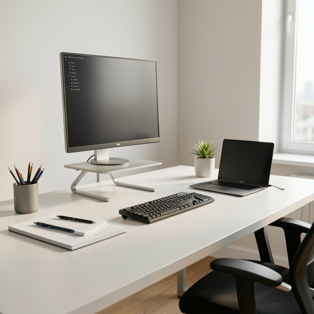 Ergonomik ofis kurulumu rehberi, beyaz masa üzerinde monitör standı, dizüstü bilgisayar, ve düzenli aksesuar yerleşimi ile aydınlık çalışma alanı