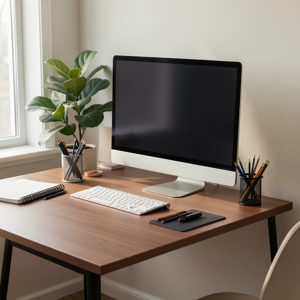 Düzenli home office masası, kalemler düzenli yerleştirilmiş, bitki köşede, ekran temiz ve organize