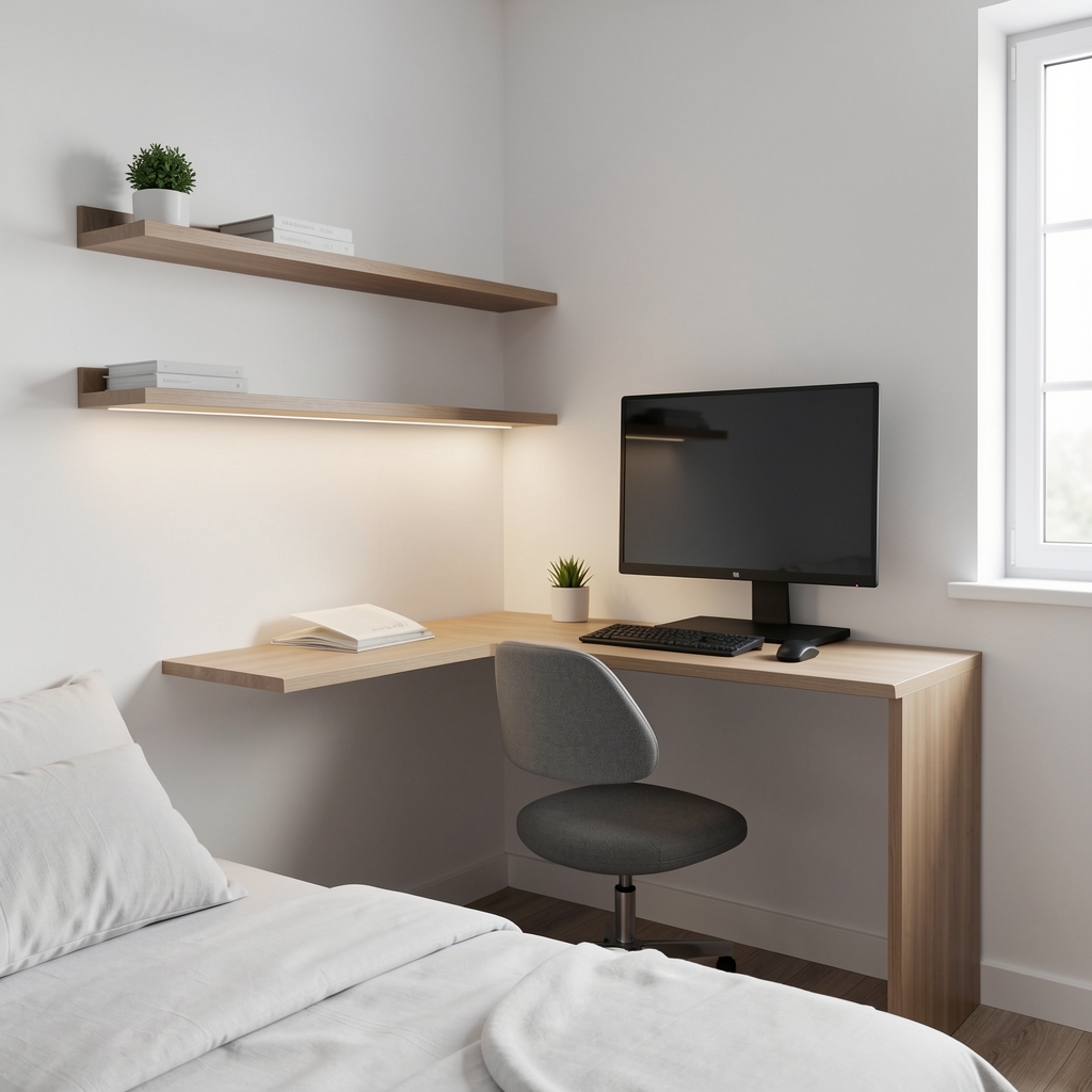 Küçük yatak odası köşesinde kurulu kompakt home office; beyaz duvara monte raf, daralan köşe masası, minimal siyah monitör standı ve yumuşak aydınlatmalı sade çalışma alanı