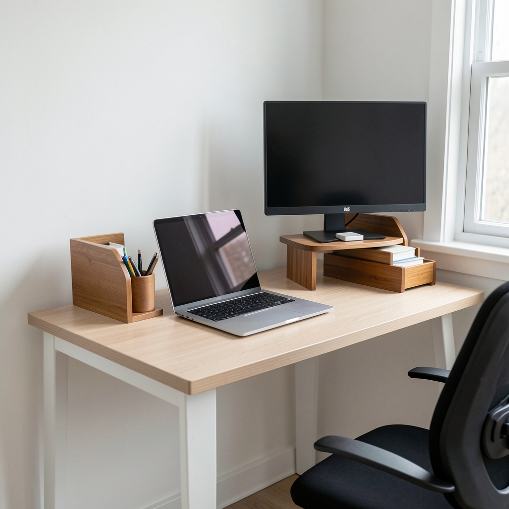 Beyaz duvara bitişik dar çalışma masası üzerinde dizüstü bilgisayar, kompakt monitör standı ve ahşap masa organizer ile düzenlenmiş minimalist home office köşesi