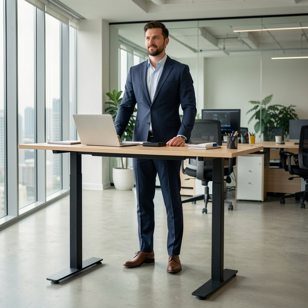 Erkek çalışan ayakta duruyor, yükseklik ayarlı standing desk kullanıyor, modern ofis ortamı