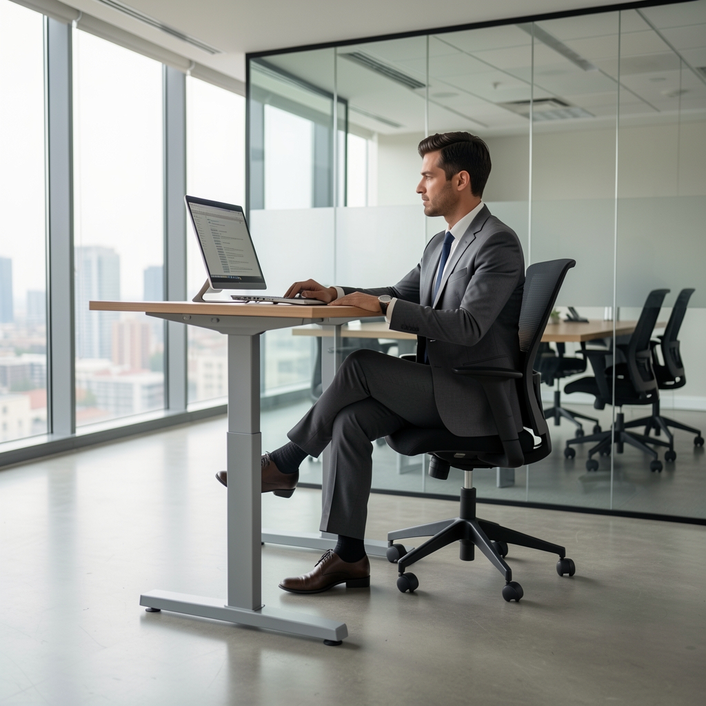 Modern ofiste elektrik motorlu yükseklik ayarlı standing desk kullanan profesyonel çalışan, masa ayakta çalışma yüksekliğinde ayarlanmış, arka planda cam bölmeli toplantı odası