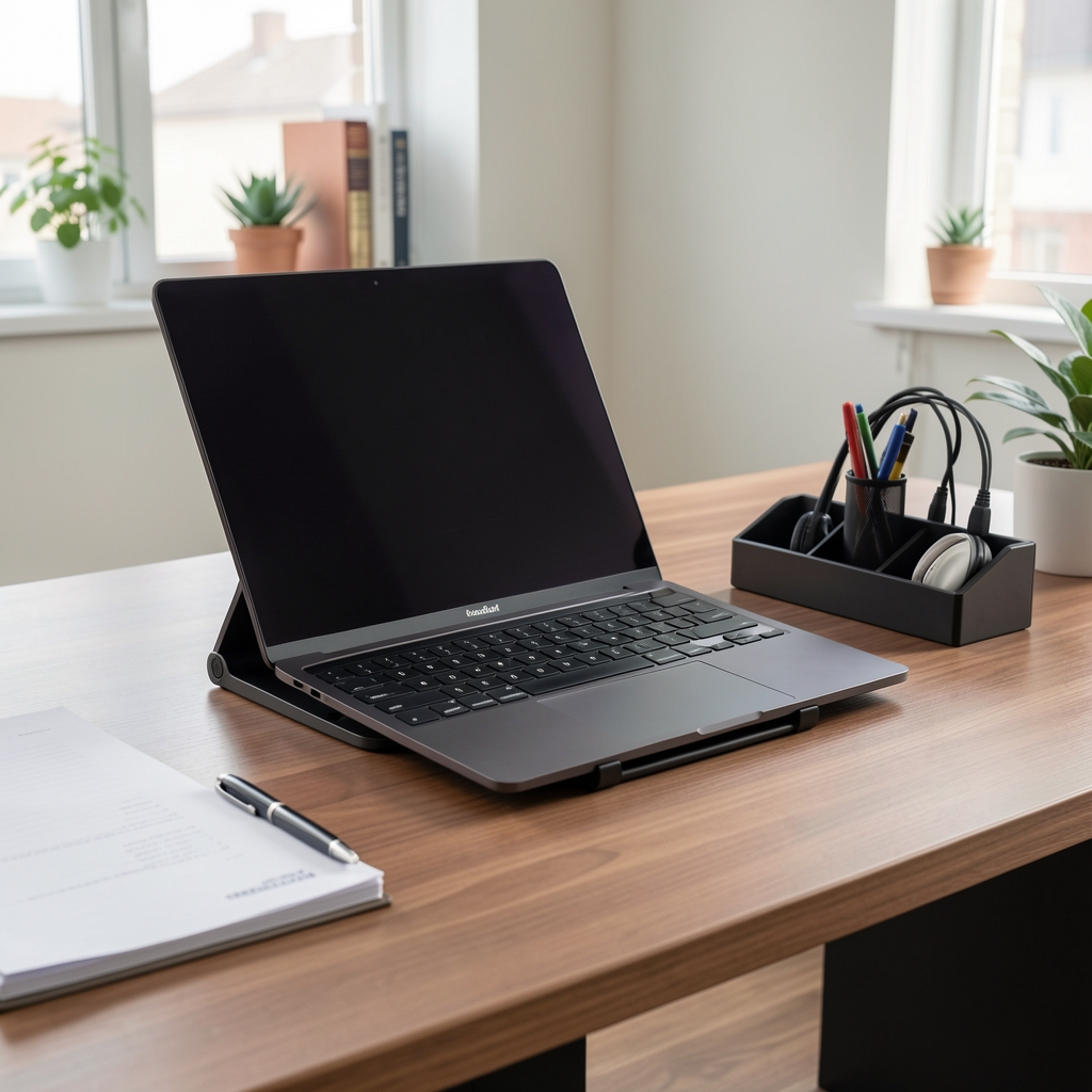 Çeşitli ofis aksesuarları: laptop standı, kalemlik, kablo düzenleyici