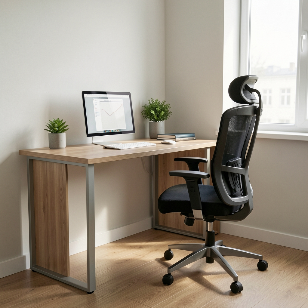 Home office çalışma köşesi, küçük alan için kompakt masa ve ergonomik sandalye