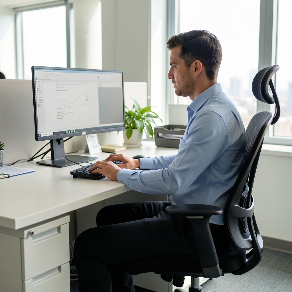 Ofis çalışanı ergonomik sandalyede dik pozisyonda otururken monitör göz hizasında, bilekler rahat konumda çalışıyor
