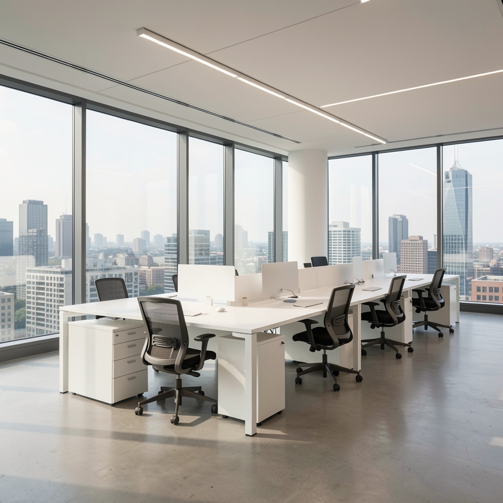 Modern, geniş açık plan ofis alanı, beyaz L-şekilli çalışma masaları, ergonomik sandalyeler ve büyük panoramik pencereler