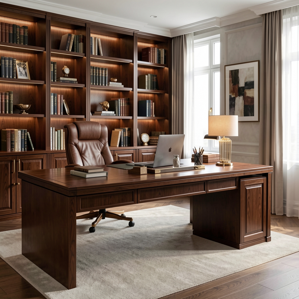 Lüks premium home office kurulumu, büyük L-şekilli masa, deri koltuk, kitaplık ve sofistike ofis aksesuarları