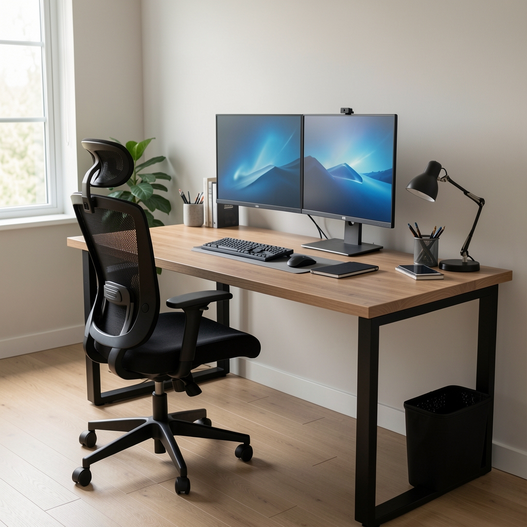 Profesyonel home office düzeni, geniş çalışma masası, ergonomik sandalye, dual monitör ve düzenli aksesuar yerleşimi