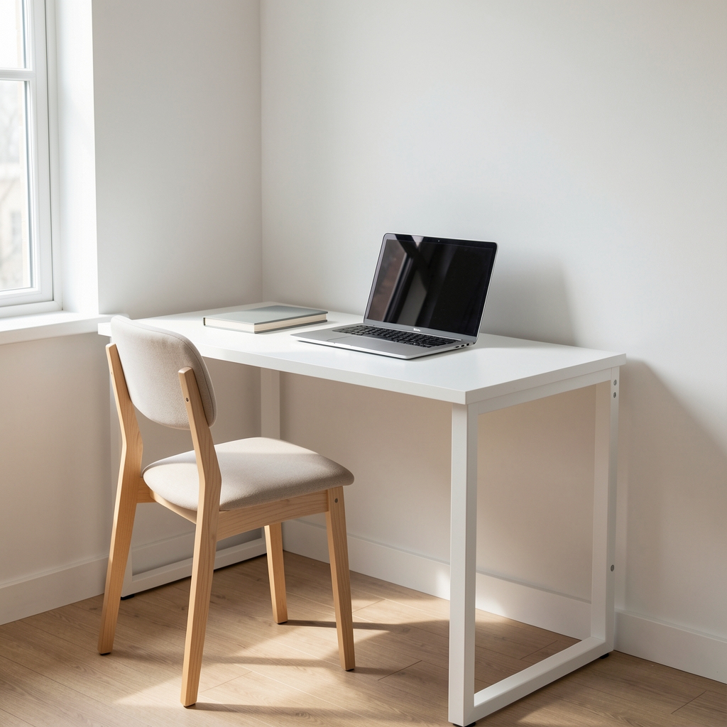 Küçük home office kurulumu, beyaz kompakt çalışma masası, basit sandalye ve laptop ile aydınlık köşe