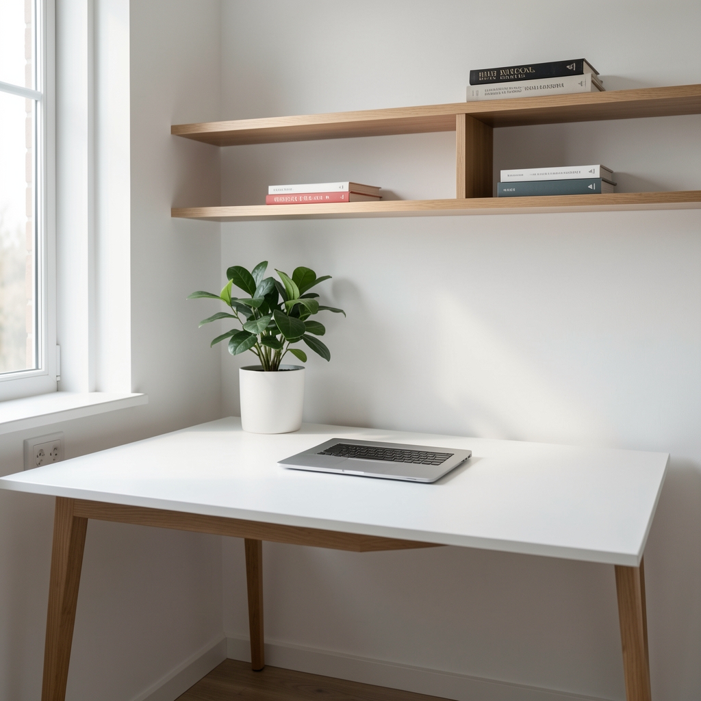 Minimalist home office çalışma alanı, beyaz masa, laptop, bitki, doğal ahşap raf ve gün ışığı pencere görünümü