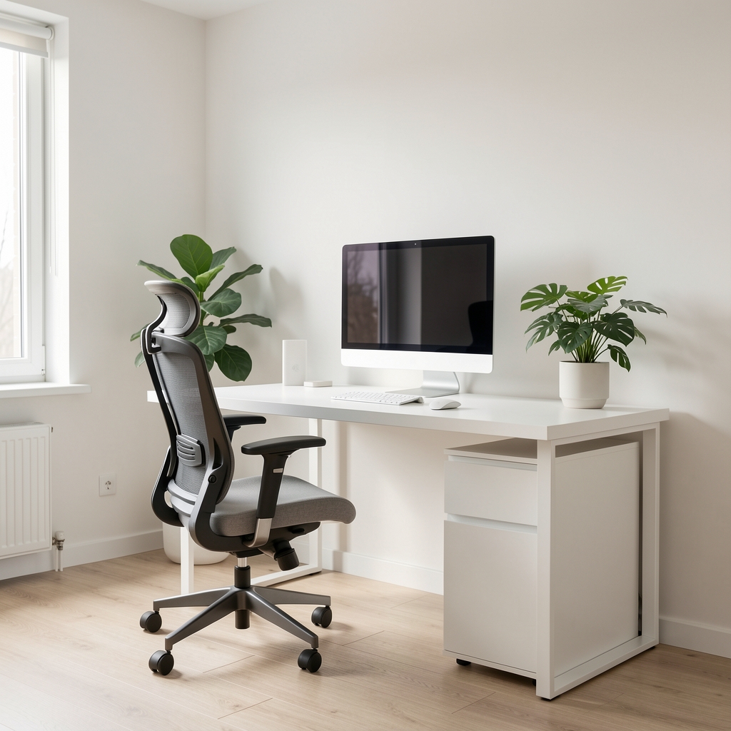 Modern minimalist home office kurulumu, beyaz çalışma masası, ergonomik sandalye, düzenli monitör ve bitki dekorasyonu ile aydınlık ev odası