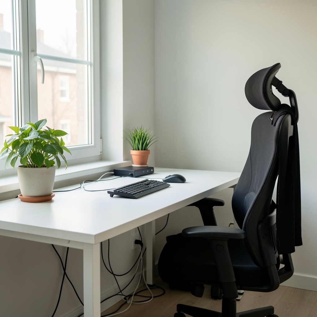 Ergonomik home office düzeni, doğal ışık alan pencere kenarında beyaz masa, bitki dekorasyonu ve düzenli kablo yönetimi