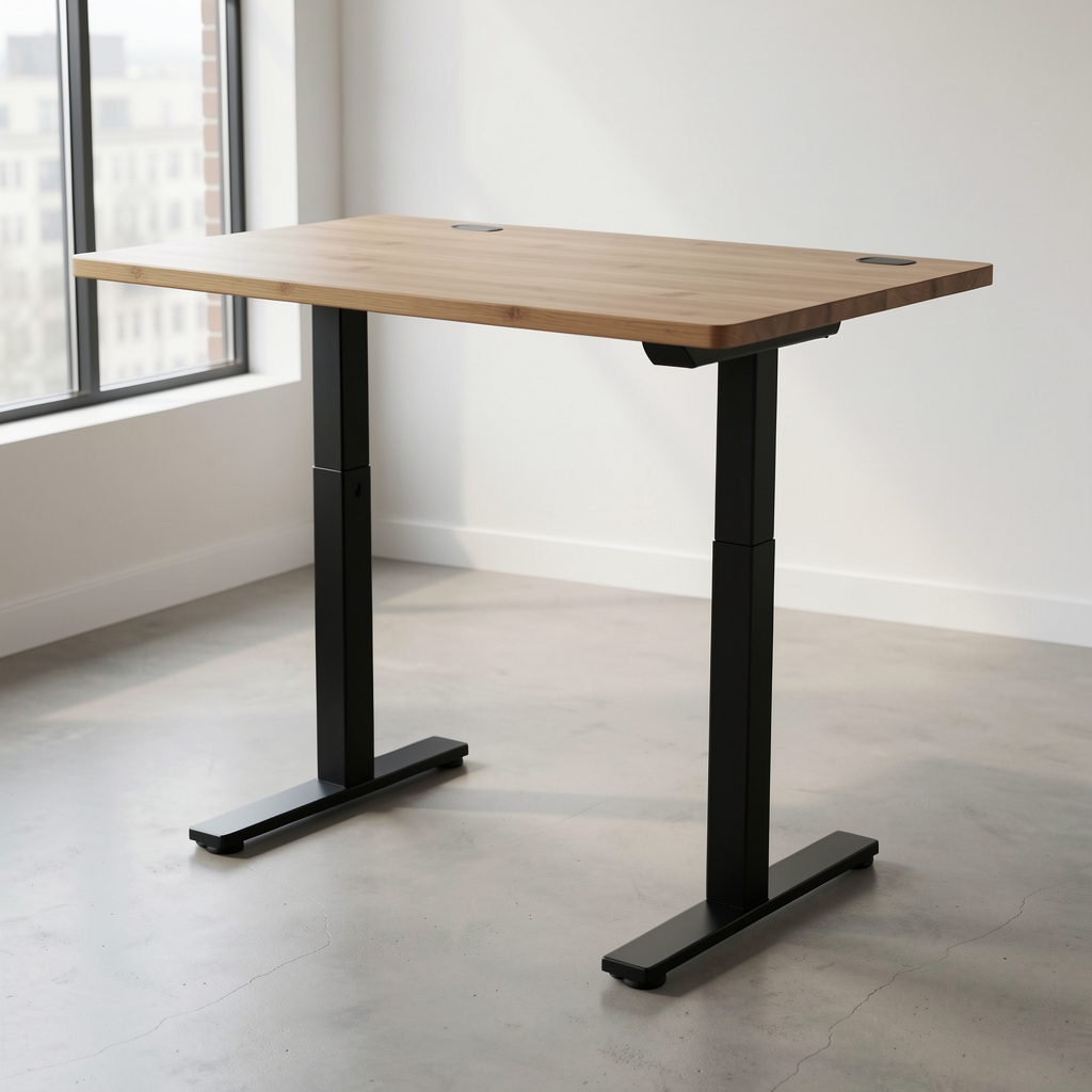 Bambu yüzeyii elektrikli standing desk, doğal çizgiler, siyah çelik ayaklar, modern ofis masası