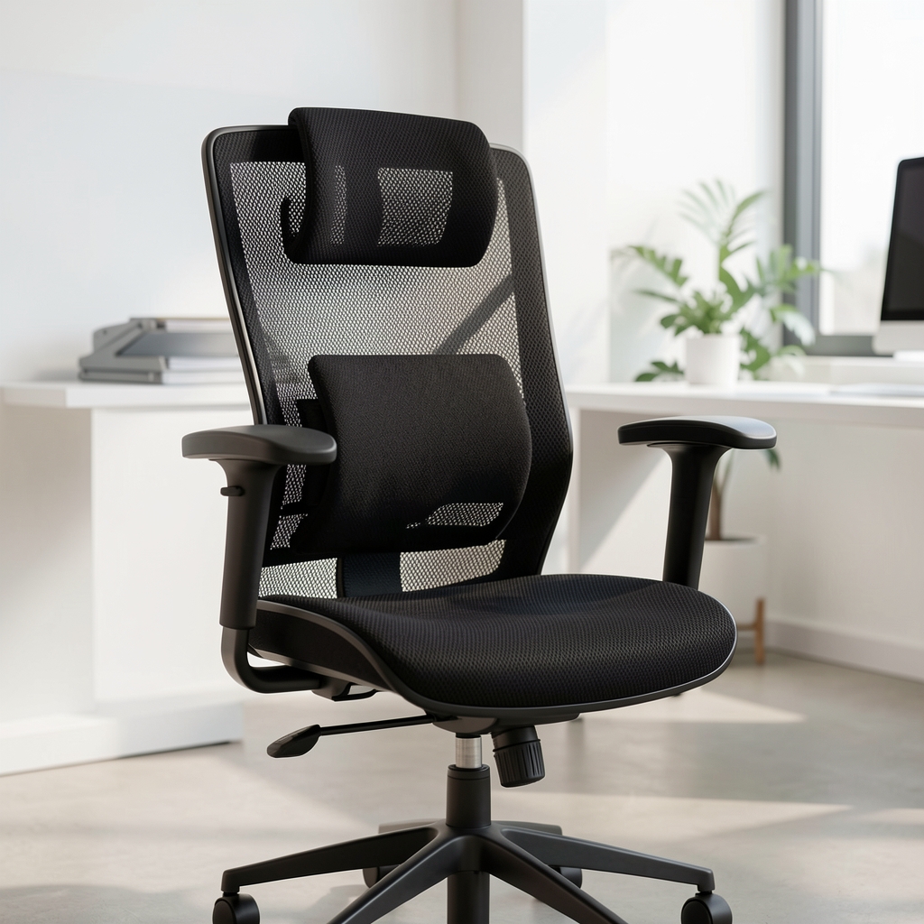 Ergonomik mesh ofis sandalyesi, siyah renk, lomber destek ve ayarlanabilir kol dayama