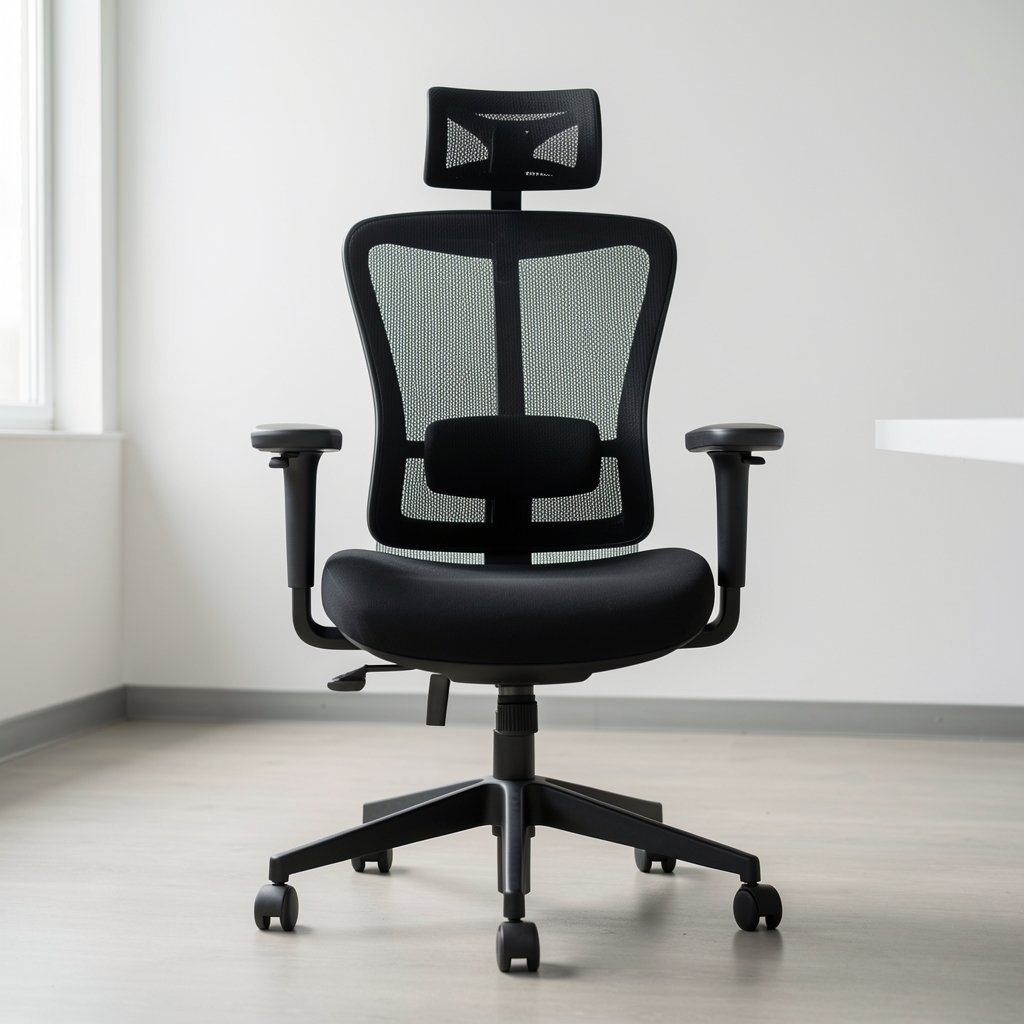 Siyah mesh arkalıklı ergonomik ofis sandalyesi, yüksek sırtlık, kolçaklar ve bel desteği