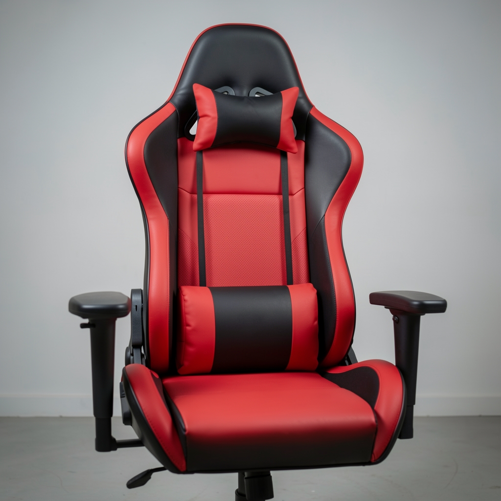 Kırmızı siyah gaming sandalye, yarış tipi koltuk tasarımı, boyun ve bel yastığı