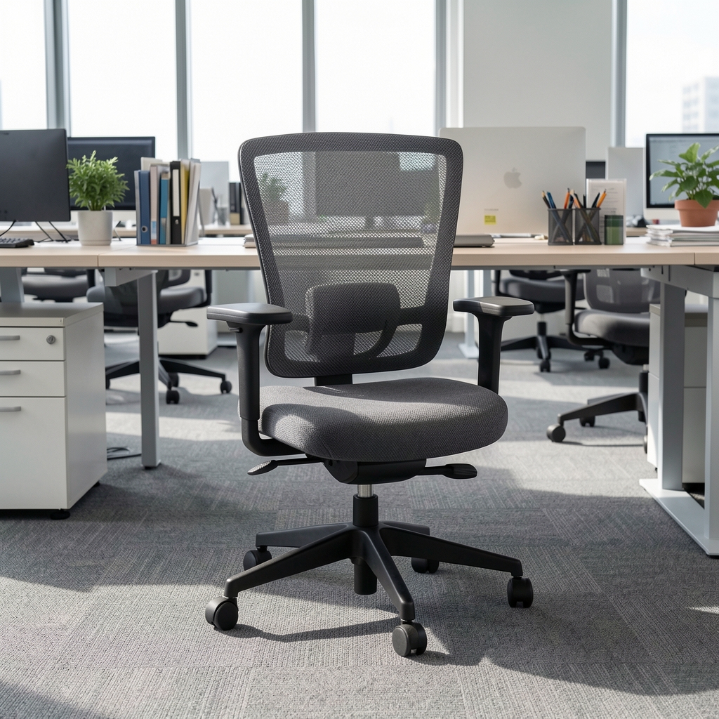 Herman Miller Aeron sandalye, tam mesh döşeme, gri renk, ergonomik tasarım, ofis ortamında