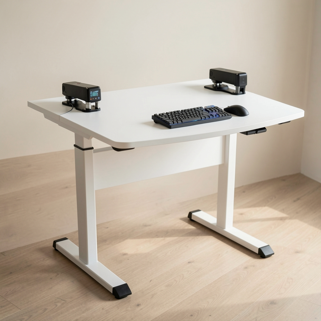 Elektrikli yükseklik ayarlı standing desk, beyaz MDF yüzey, çift motor, dijital tuş takımı