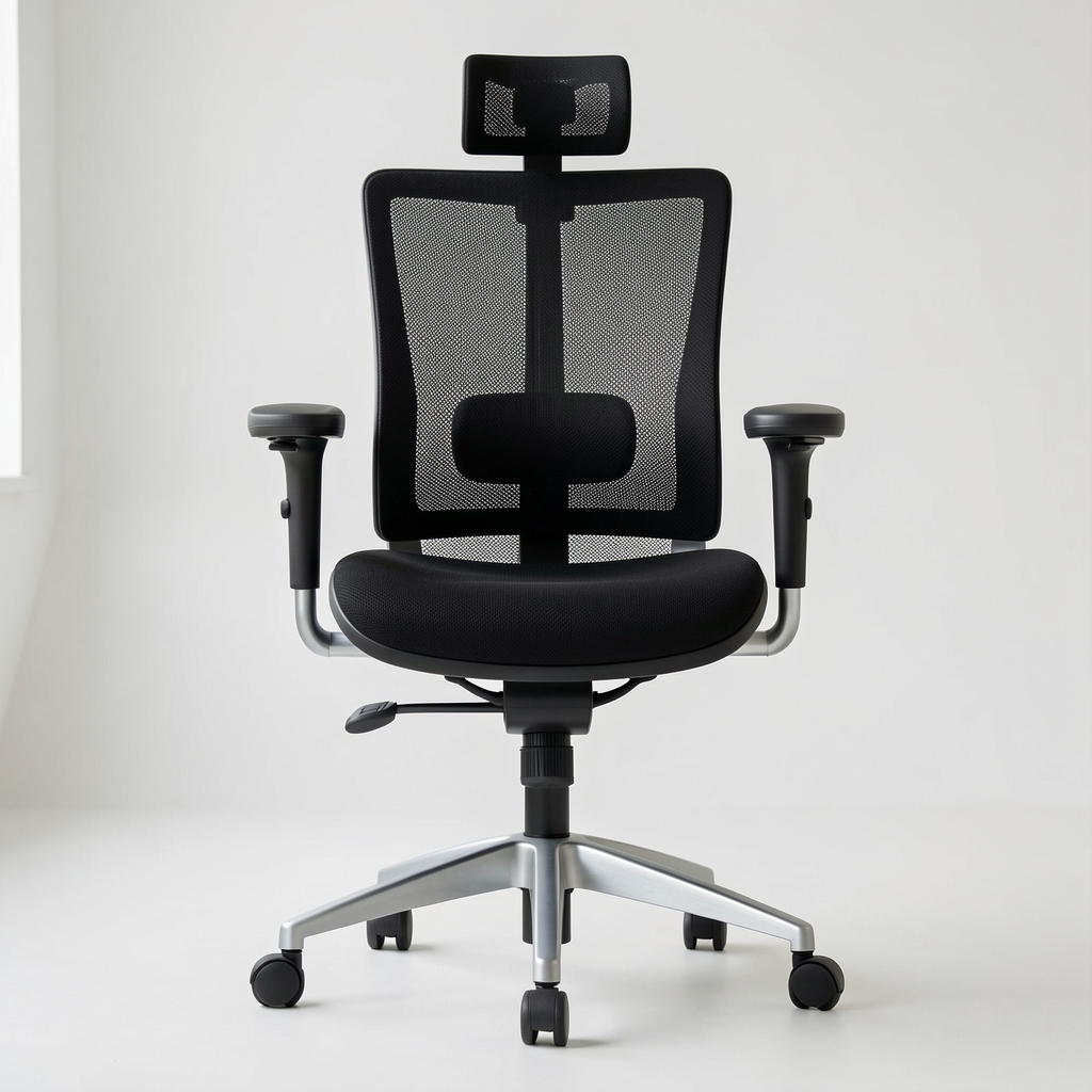 Officentra ErgoMesh Pro X ergonomik ofis sandalyesi ön görünüm: siyah mesh sırtlık, adjustable kolçaklar, 5 tekerlekli alüminyum taban ve pnömatik yükseklik ayarı